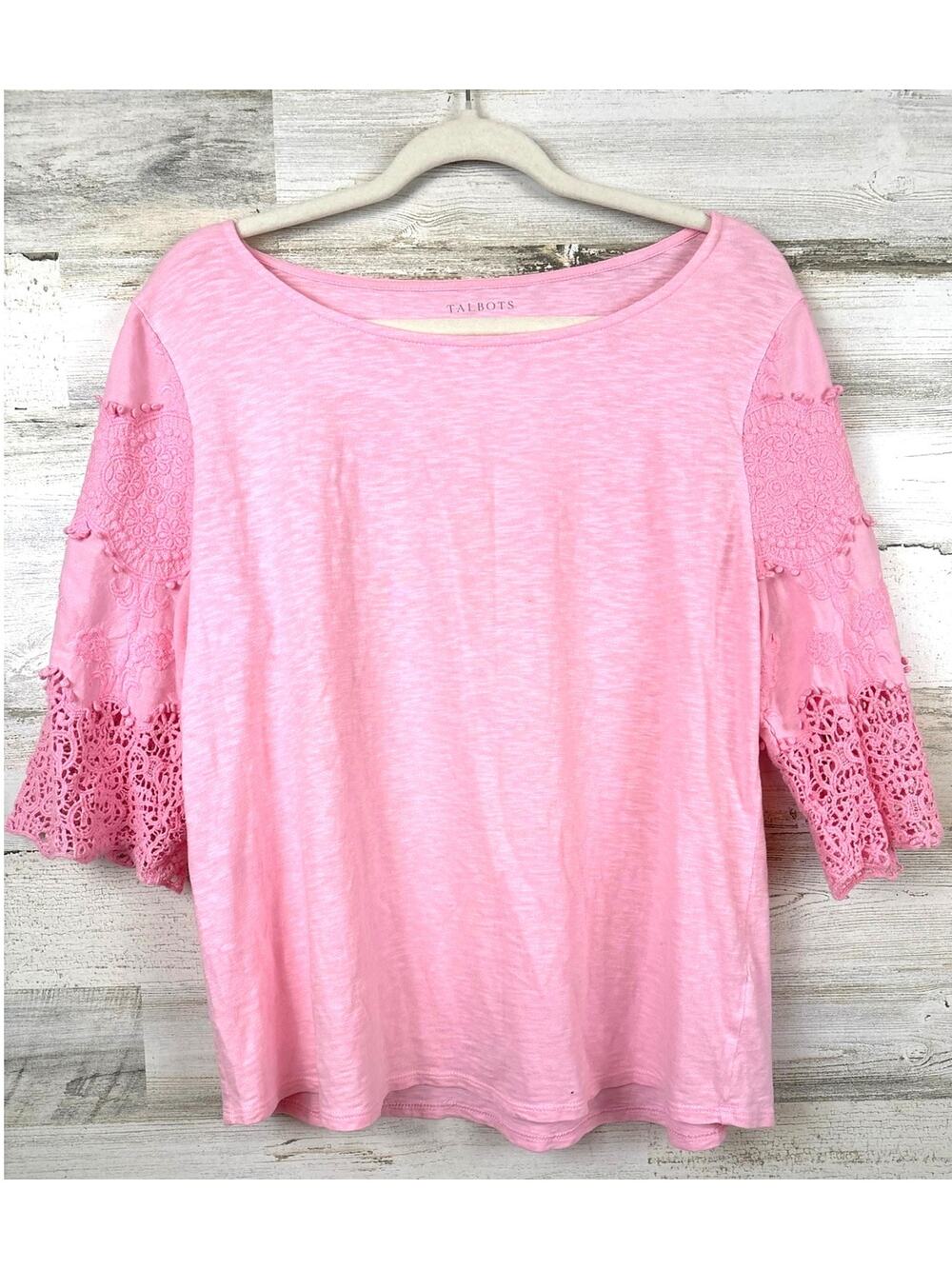 Talbots L Pink Short Lace Sleeve Cotton Top Feminine Coastal Chic Tee